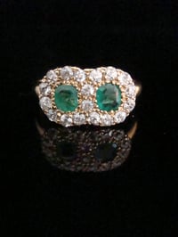 Image 1 of Edwardian 18ct yellow gold emerald diamond double toi et moi cluster ring