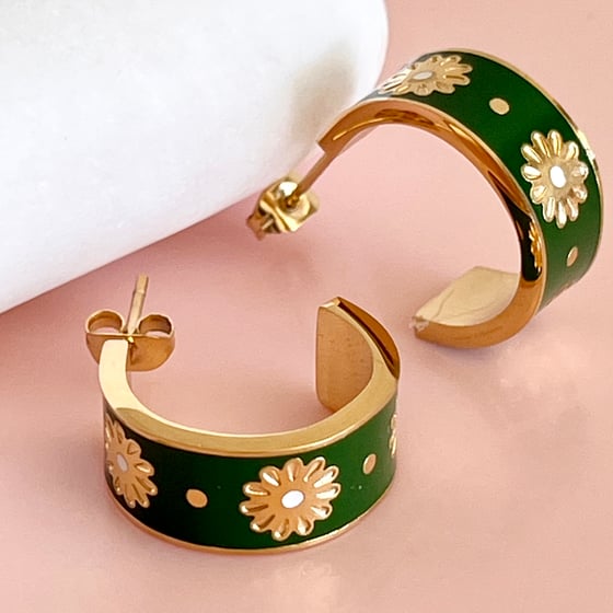 Image of Green Flower Enamel Half Hoops