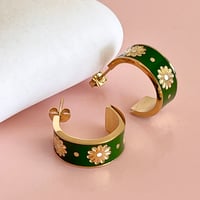 Image 2 of Green Flower Enamel Half Hoops
