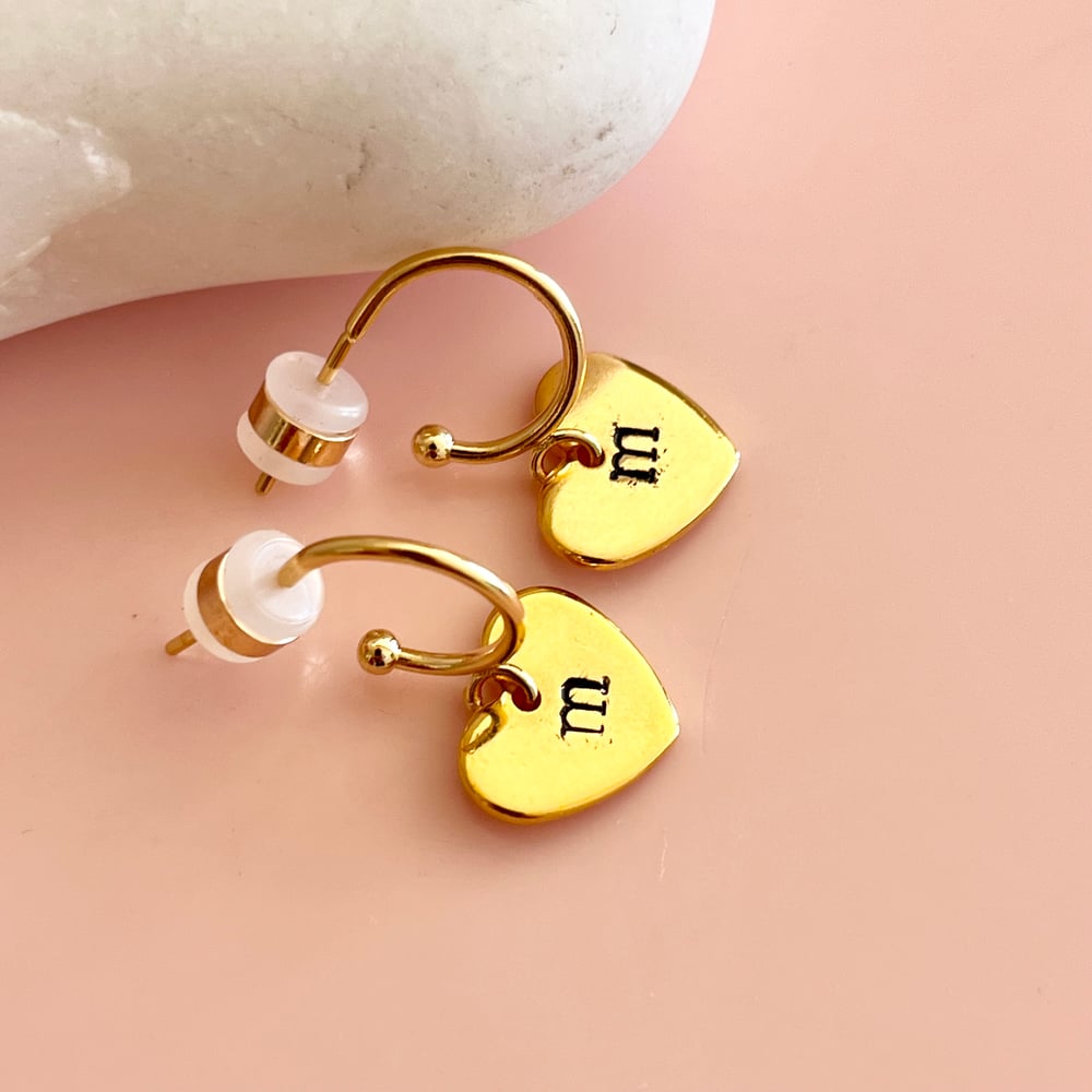 Image of Personalised Gold Heart Half Hoops