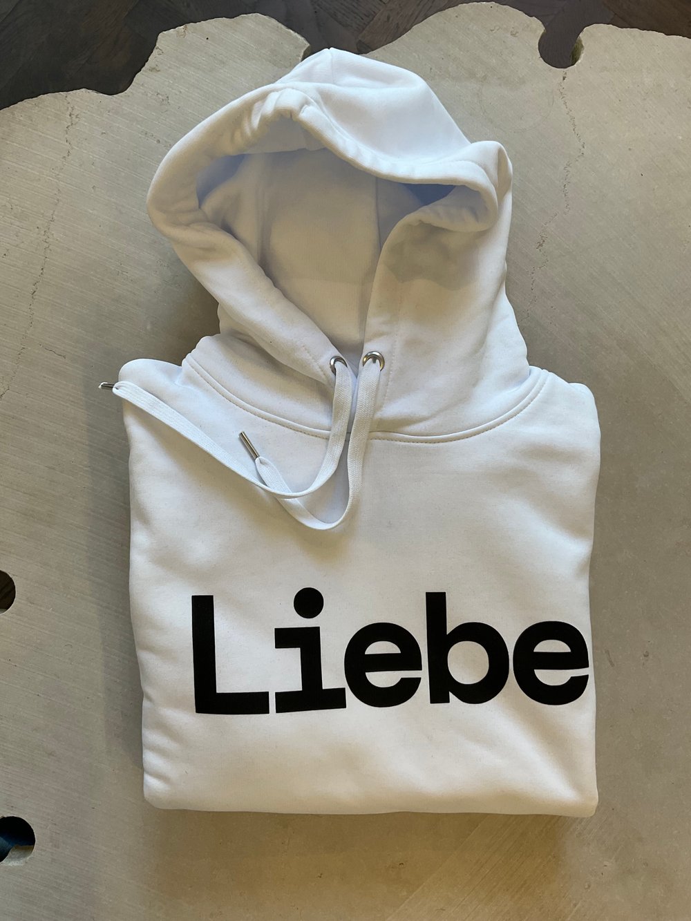 Liebe hoodie white with black Liebe