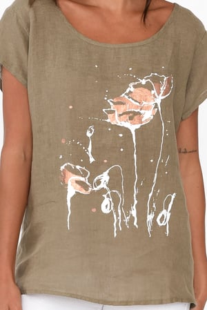 Image of Audrey Foil Flower Linen Top - Khaki