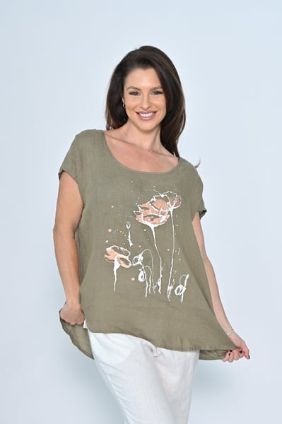 Image of Audrey Foil Flower Linen Top - Khaki