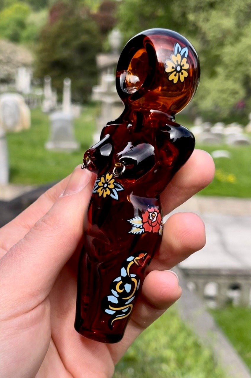 Amber Body Pipe with Nipple Rings and Tattoo Decals