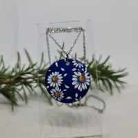 Image 2 of Enamel Pendant Necklace -  White Daisies on Dark Blue  (EJ036)