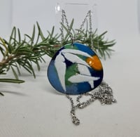 Image 1 of Enamel Pendant Necklace - White Gum Leaves on a Multi Coloured Background (EJ038)