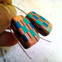 Image of blue random chequered pattern abstract earrings