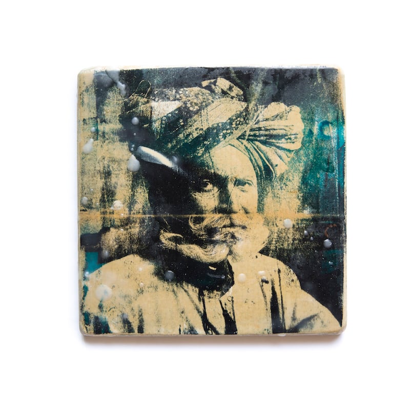 Image of Monotype - "Pemaram en turquoise et noir" - Inde - 20x20 cm