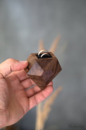 Image of Double ring box for wedding ceremony, rotating diamond shape wooden wedding ring box
