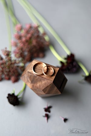 Image of Double ring box for wedding ceremony, rotating diamond shape wooden wedding ring box