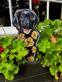 Image 1 of Black Lab Puppy Pansy Garden Fairy Wood Folk Art