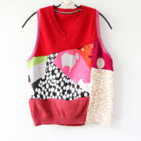 Image 2 of patchwork sheep red pink vneck adult m/l large medium courtneycourtney top cropped sweater vest