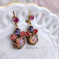 Image 2 of Glass Fire Opal and filigree earrings, Art Deco style handcrafted jewelry with Swarovski Crystals 