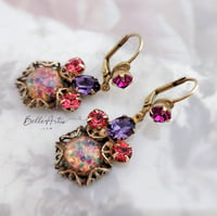 Image 3 of Glass Fire Opal and filigree earrings, Art Deco style handcrafted jewelry with Swarovski Crystals 