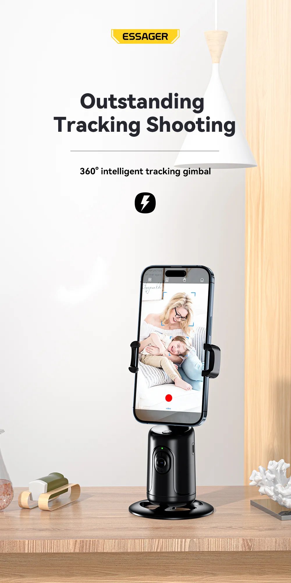 Essager Auto Face Tracking Tripod 360 Rotation AI Smart Shooting Phone Holder