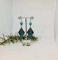 Image 3 of Enamel Earrings - Black Base and Turquoise with a Touch of Lime Crackle Style Enamel (EJ045)