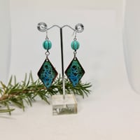 Image 2 of Enamel Earrings - Black Base and Turquoise with a Touch of Lime Crackle Style Enamel (EJ045)