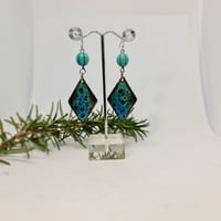 Image 1 of Enamel Earrings - Black Base and Turquoise with a Touch of Lime Crackle Style Enamel (EJ045)