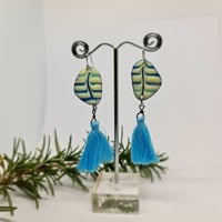 Image 1 of Enamel Earrings - Cream and 2 tone Blue in Rib Textured Style Enamel (EJ050)