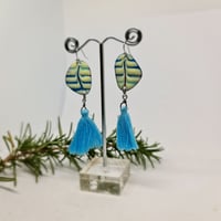 Image 2 of Enamel Earrings - Cream and 2 tone Blue in Rib Textured Style Enamel (EJ050)