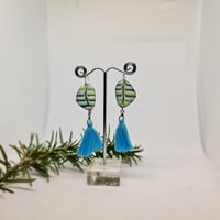 Image 3 of Enamel Earrings - Cream and 2 tone Blue in Rib Textured Style Enamel (EJ050)