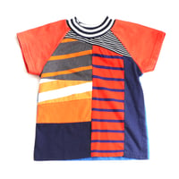 Image 1 of superstripe orange blue patchwork stripe baseball sleeve 6/7 courtneycourtney tee shirt unisex top