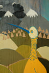 Yellow bird in landscape, acrylic painting on wood