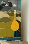Yellow bird in landscape, acrylic painting on wood