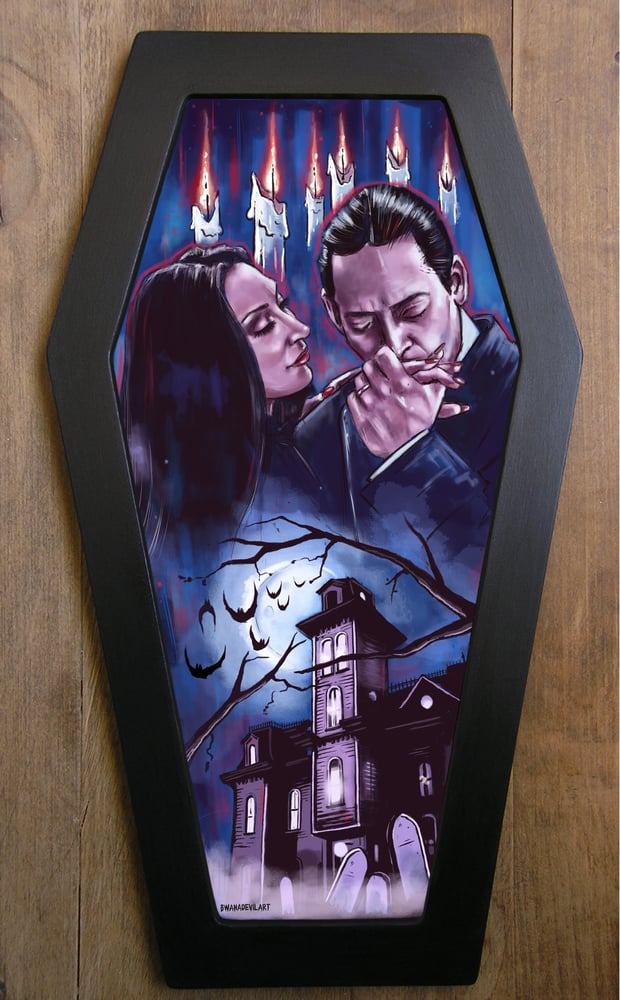 Image of LIMITED EDITION MORTICIA AND GOMEZ ADDAMS COFFIN FRAMED ART (FREE SHIPPING!)