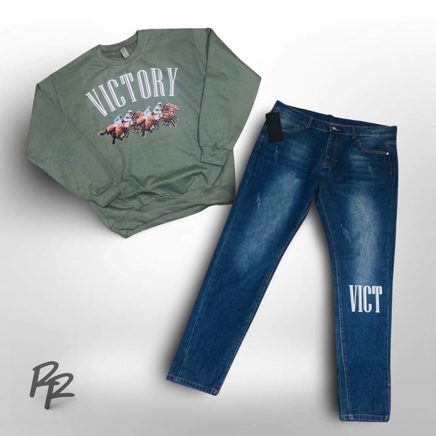 Image of Olive Victory Crewneck and Jean Outfit
