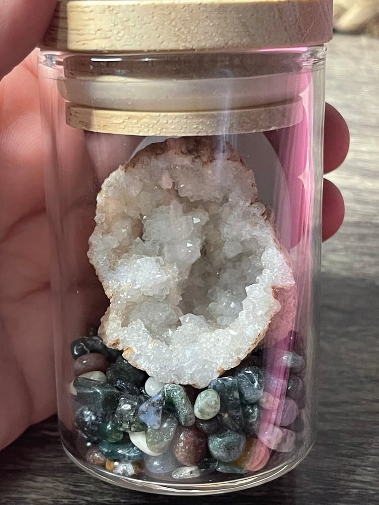 Image of Moss agate and clear quartz geode (emotional balance)