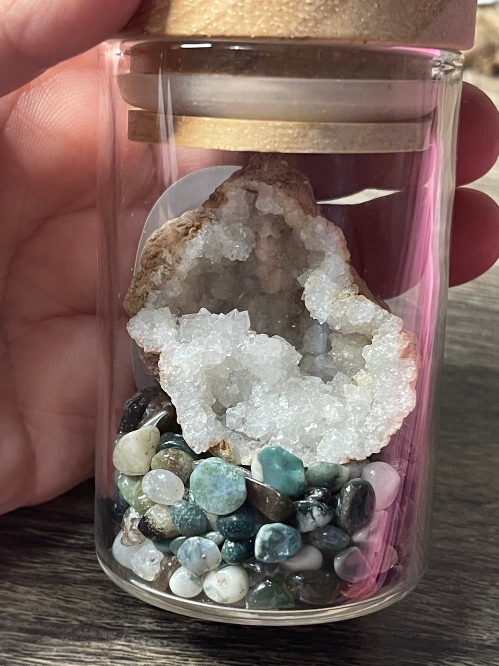 Image of Moss agate and clear quartz geode (emotional balance) 2