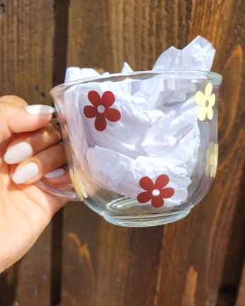 Retro Daisy Flower Glass Mug, Trendy Glass Mug, Cute Flower Mug, 