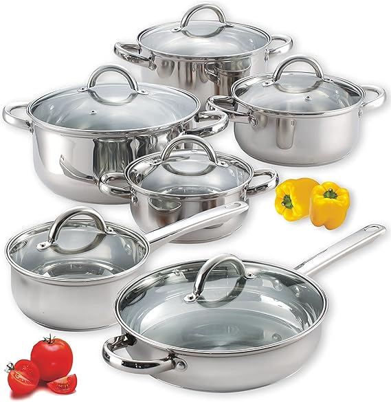 Image of Cook N Home Kitchen Cookware Sets, 12-Piece Basic Stainless Steel Pots and Pans, Silver