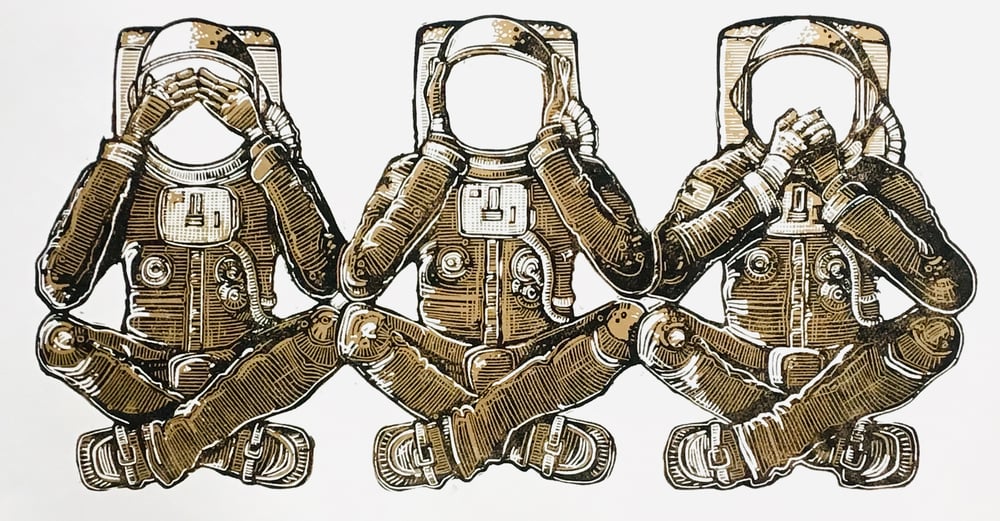 Three Space Monkeys reduction linocut print