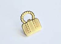 Image of Golden Metal Rattan Woven Purse Enamel Lapel Pin - 1.25 Inches 