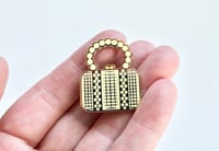 Image of Golden Metal Rattan Woven Purse Enamel Lapel Pin - 1.25 Inches 