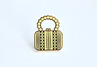 Image of Golden Metal Rattan Woven Purse Enamel Lapel Pin - 1.25 Inches 