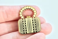 Image of Golden Metal Rattan Woven Purse Enamel Lapel Pin - 1.25 Inches 