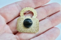 Image of Golden Metal Rattan Woven Purse Enamel Lapel Pin - 1.25 Inches 