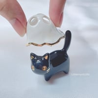 Image 2 of Black kitty with ghost mask ceramic figurine 