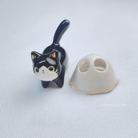 Image 1 of Tuxedo cat with ghost mask ceramic figurine 