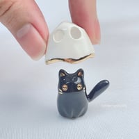 Image 2 of Sitting black kitty with ghost mask ceramic figurine 