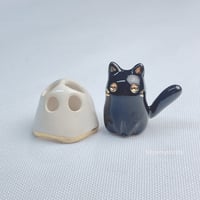 Image 1 of Sitting black kitty with ghost mask ceramic figurine 