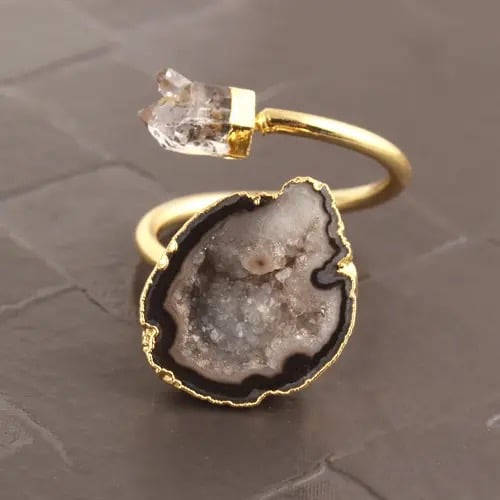 Image of Herkimer Diamond and Black Geode Druzy Ring