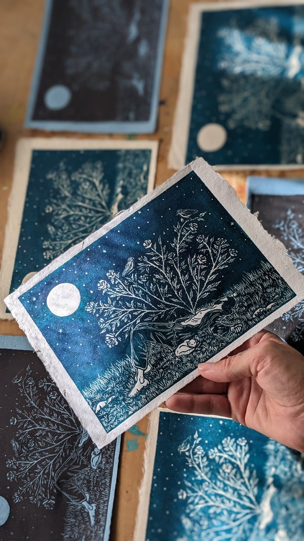 Image of Dying, Laughing Linocut Print