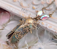 Image 2 of Steampunk necklace, Cicada with verdigris wings, artisan insect jewelry