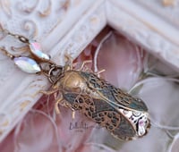 Image 4 of Steampunk necklace, Cicada with verdigris wings, artisan insect jewelry