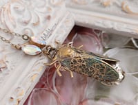 Image 5 of Steampunk necklace, Cicada with verdigris wings, artisan insect jewelry