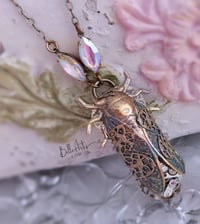Image 3 of Steampunk necklace, Cicada with verdigris wings, artisan insect jewelry